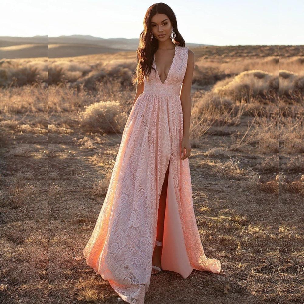 Robe Rose Bohème En Dentelle