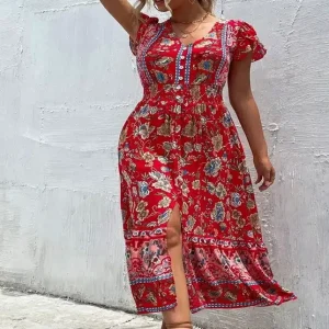 Robe longue fleurie bohème manches tulipes fendue rouge