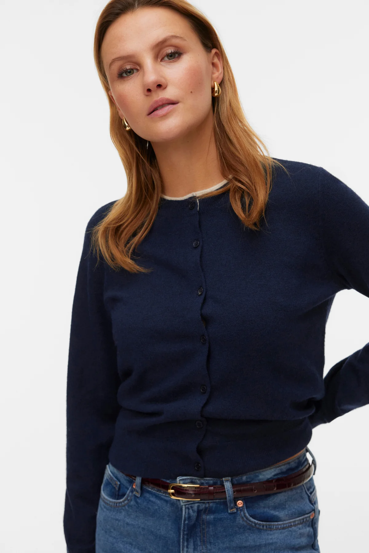 Magnifique cardigan à col rond -Blazer bleu marine w. Bouleau