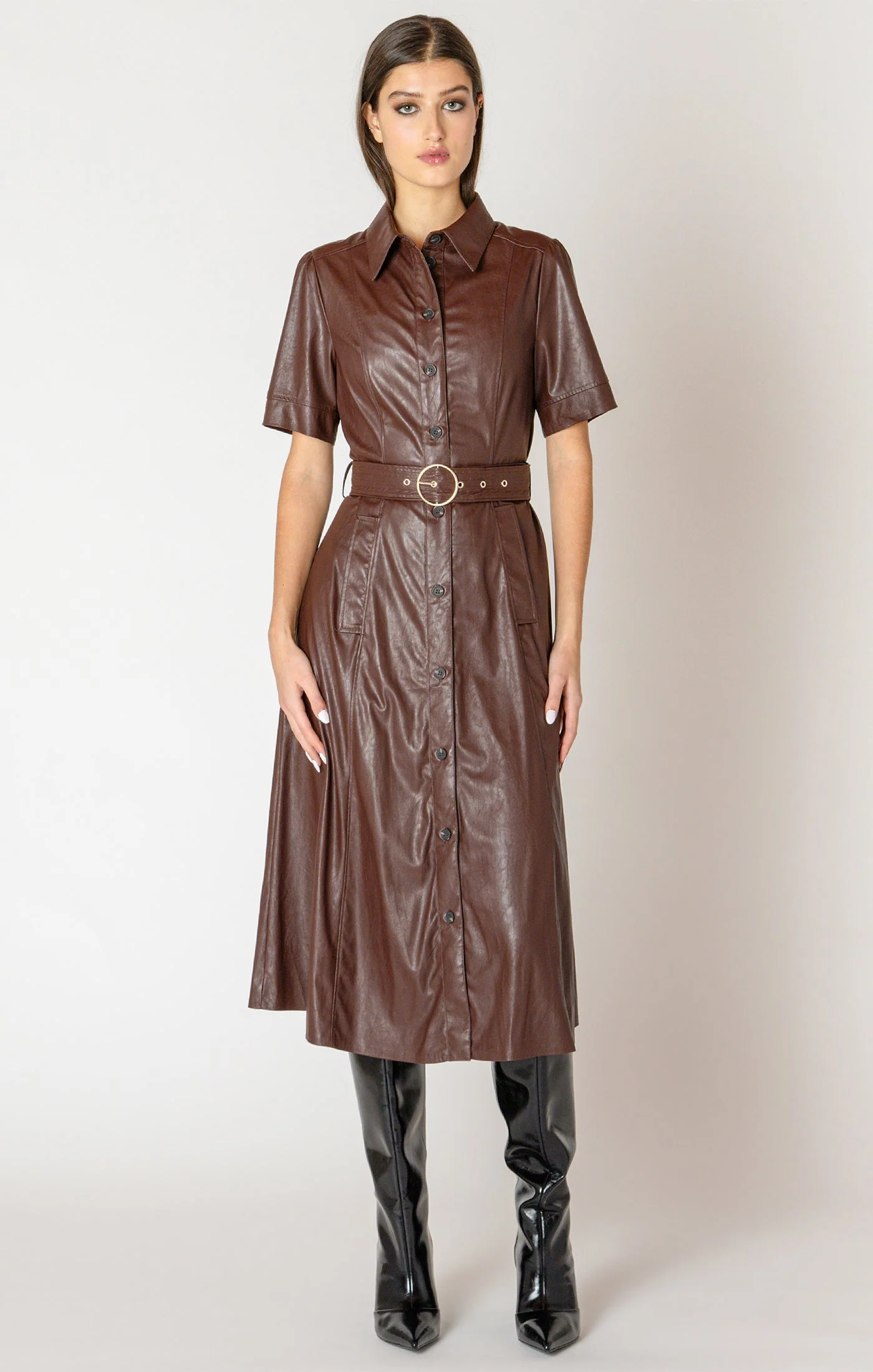 Robe Chemise en Cuir Végane avec Ceinture – Image 2