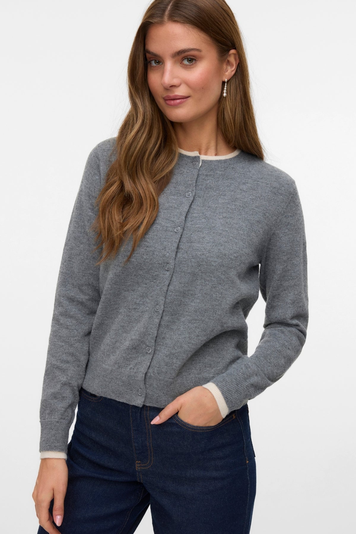 Magnifique cardigan à col rond - Gris moyen mélangé w. Bouleau