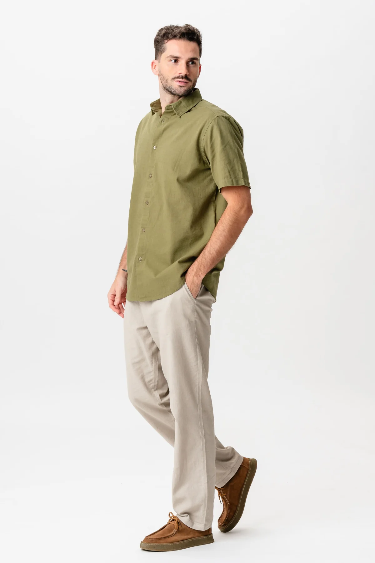Chemise en lin à manches courtes - Vert – Image 4