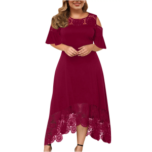 Robe bohème grande taille 54 rouge en dentelle et manches courtes