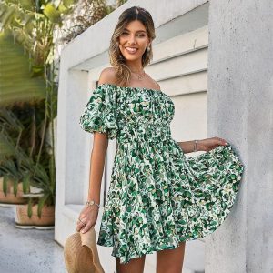 Mini Robe Verte Décolletée Imprimée