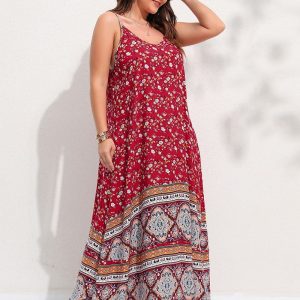 Robe style bohème grande taille à imprimé floral rouge dos nu