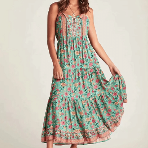 Robe longue bohème hippie à fines brides verte