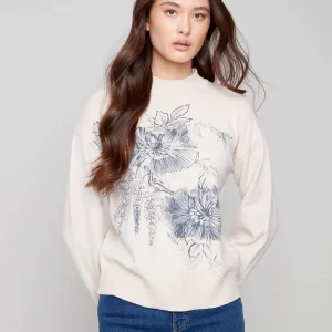 Chandail Tricot Col Rond avec Fleurs
