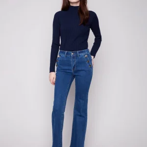 Jeans Droit Boutons au Poches