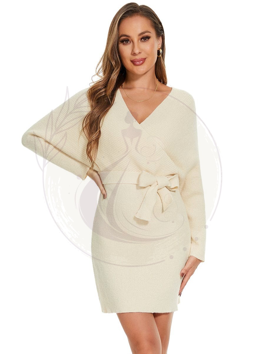 Robe pull moulante en tricot Manches dolman Encolure en V – Image 4