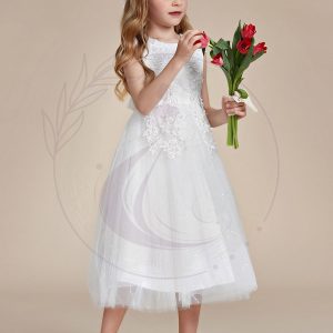 Robe Enfant d’Honneur Superbe dentelle blanche Tulle Appliques de fleurs