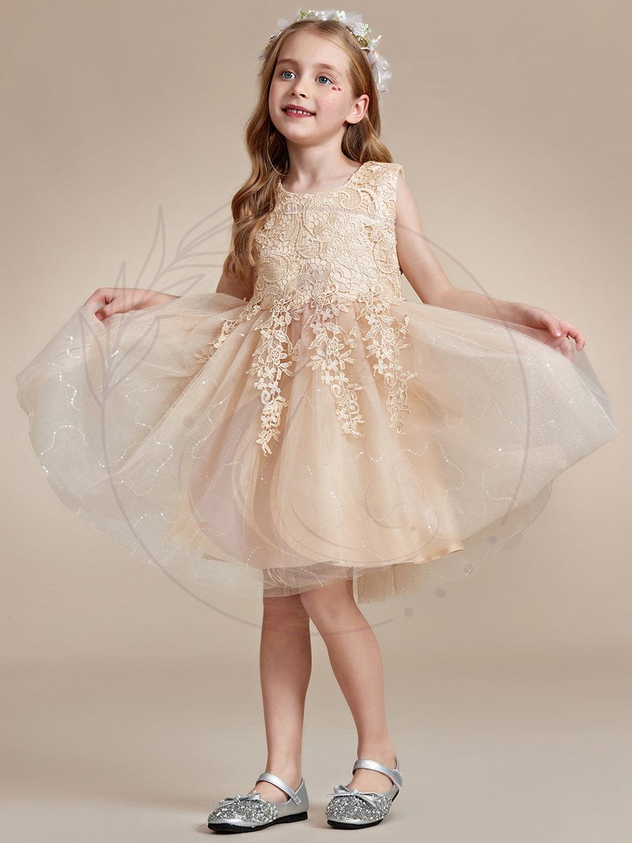 Robe Enfant d’Honneur A-ligne brodée dentelle élégante nœud papillon Sans manches – Image 3