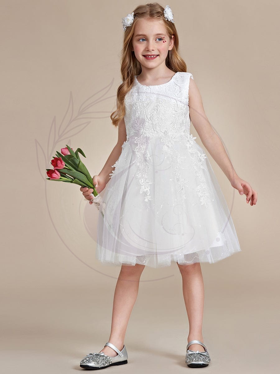 Robe Enfant d’Honneur A-ligne brodée dentelle élégante nœud papillon Sans manches – Image 7