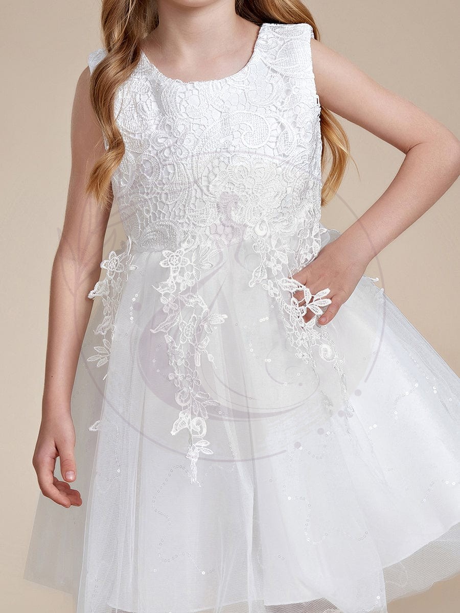 Robe Enfant d’Honneur A-ligne brodée dentelle élégante nœud papillon Sans manches – Image 6