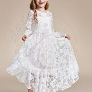 Robe Enfant d’Honneur Manches longues transparentes et col rond imprimé