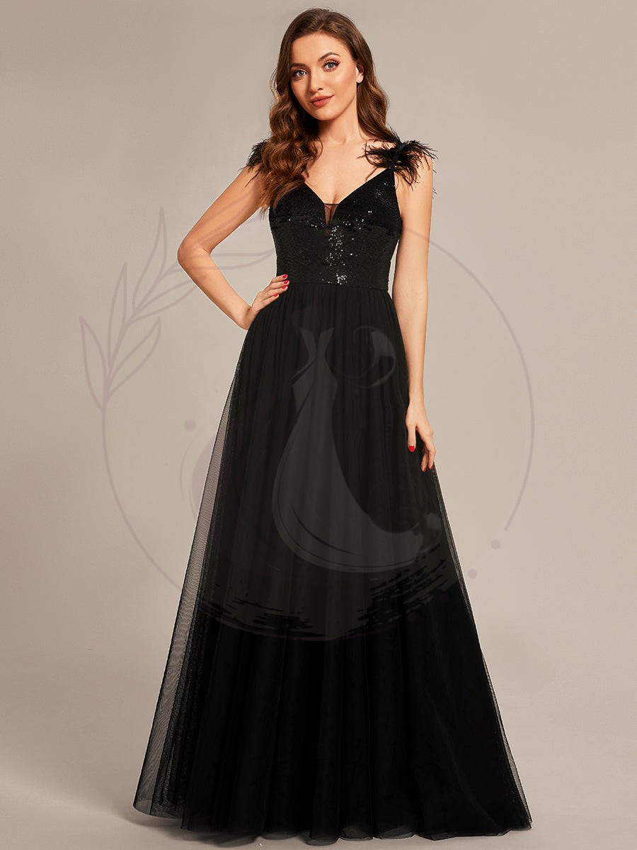 Taille personnalisée Robe de bal glissé haut en fausse plume avec paillettes – Image 4
