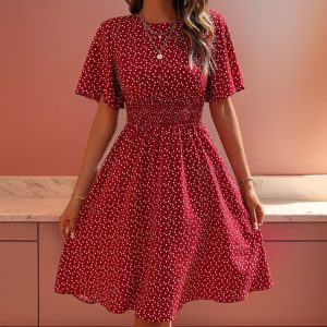 Robe rouge bohème manches papillon imprimée cœur