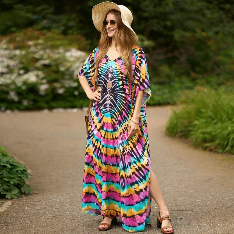 Robe hippie bohème noire imprimée tie and dye