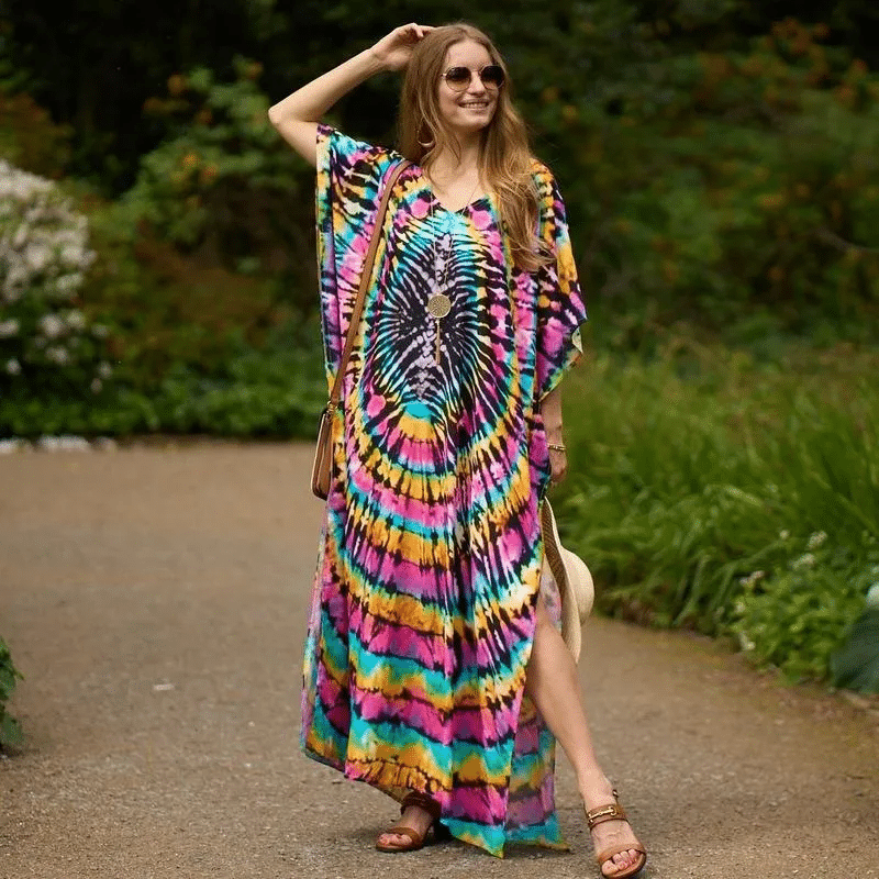 Robe hippie bohème noire imprimée tie and dye – Image 2