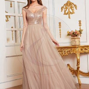 Superbe robe de soirée sans manches en tulle et paillettes taille haute