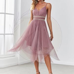 Robe de soirée mi-longue à ourlet asymétrique en V profond