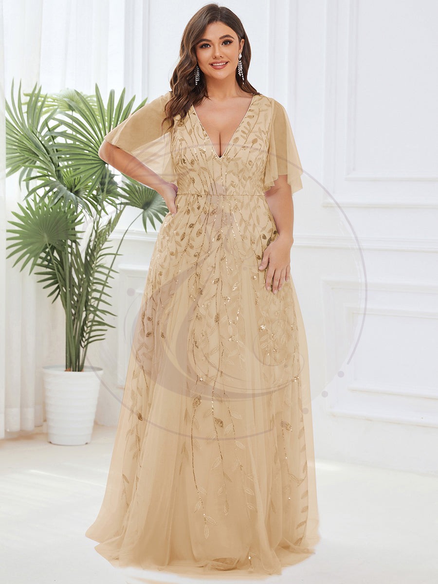 Grande Taille Robe de Soirée Romantique Scintillante à col en V et Manches à Volants – Image 2