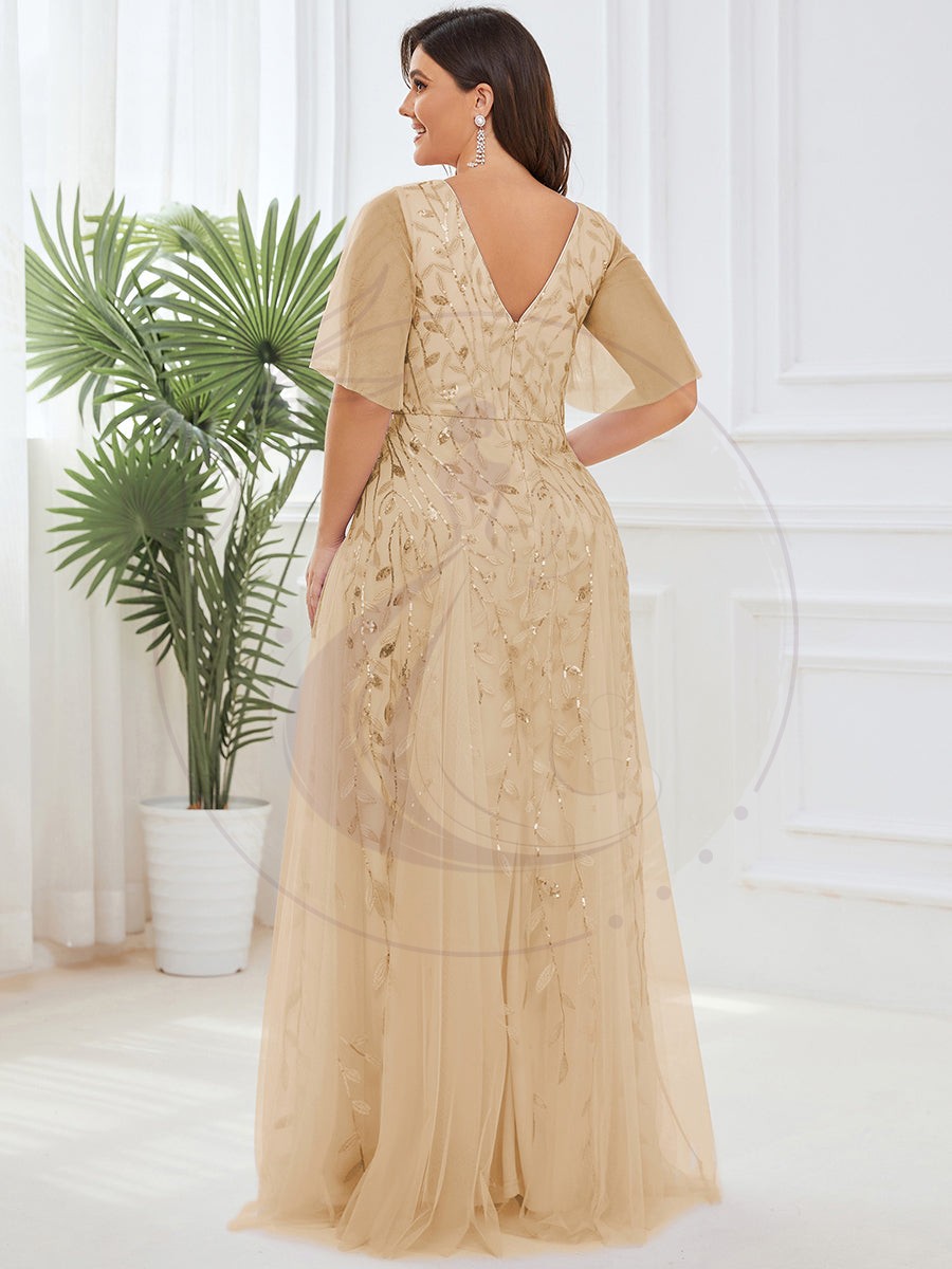 Grande Taille Robe de Soirée Romantique Scintillante à col en V et Manches à Volants – Image 4