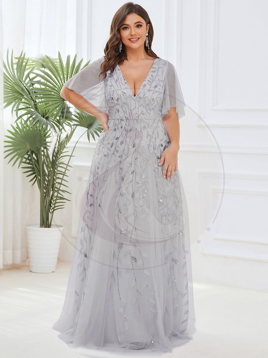 Grande Taille Robe de Soirée Romantique Scintillante à col en V et Manches à Volants – Image 3