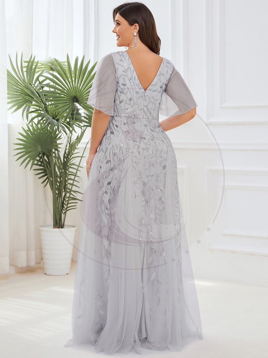 Grande Taille Robe de Soirée Romantique Scintillante à col en V et Manches à Volants – Image 8