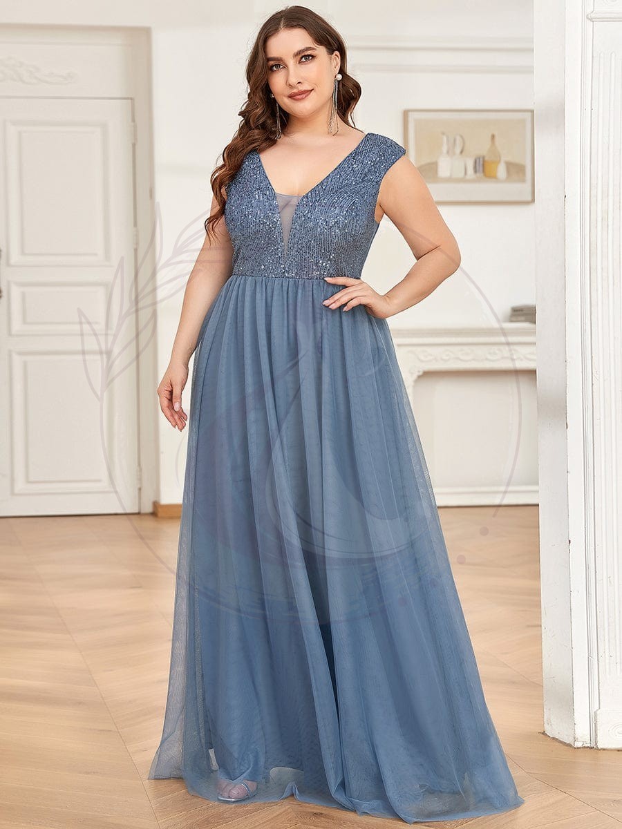 Robe de soirée en tulle à encolure en V plongeante à sequins et illusion de grande taille – Image 4