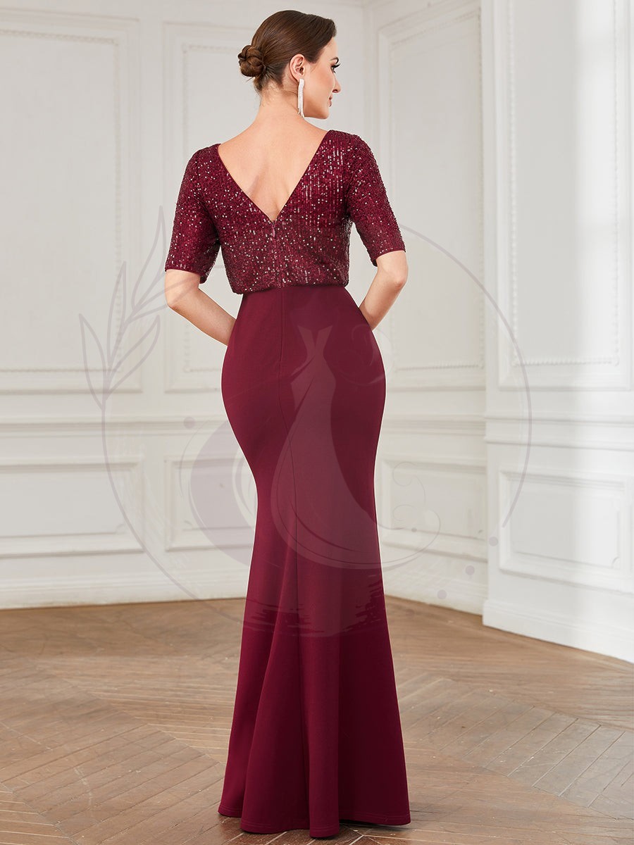 Robe de soirée moulante illusion à sequins et col rond – Image 3