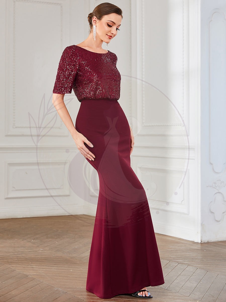 Robe de soirée moulante illusion à sequins et col rond – Image 4