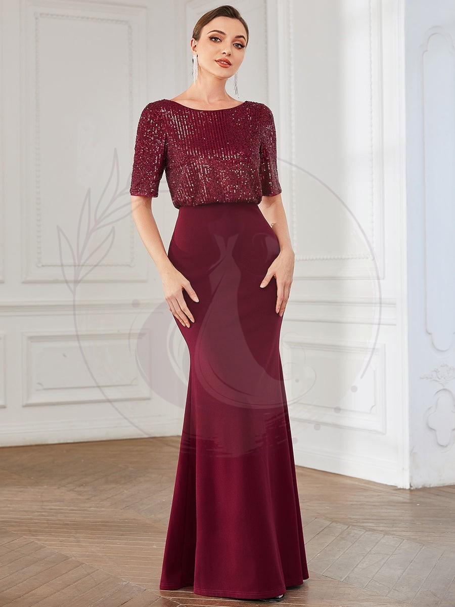 Robe de soirée moulante illusion à sequins et col rond – Image 5