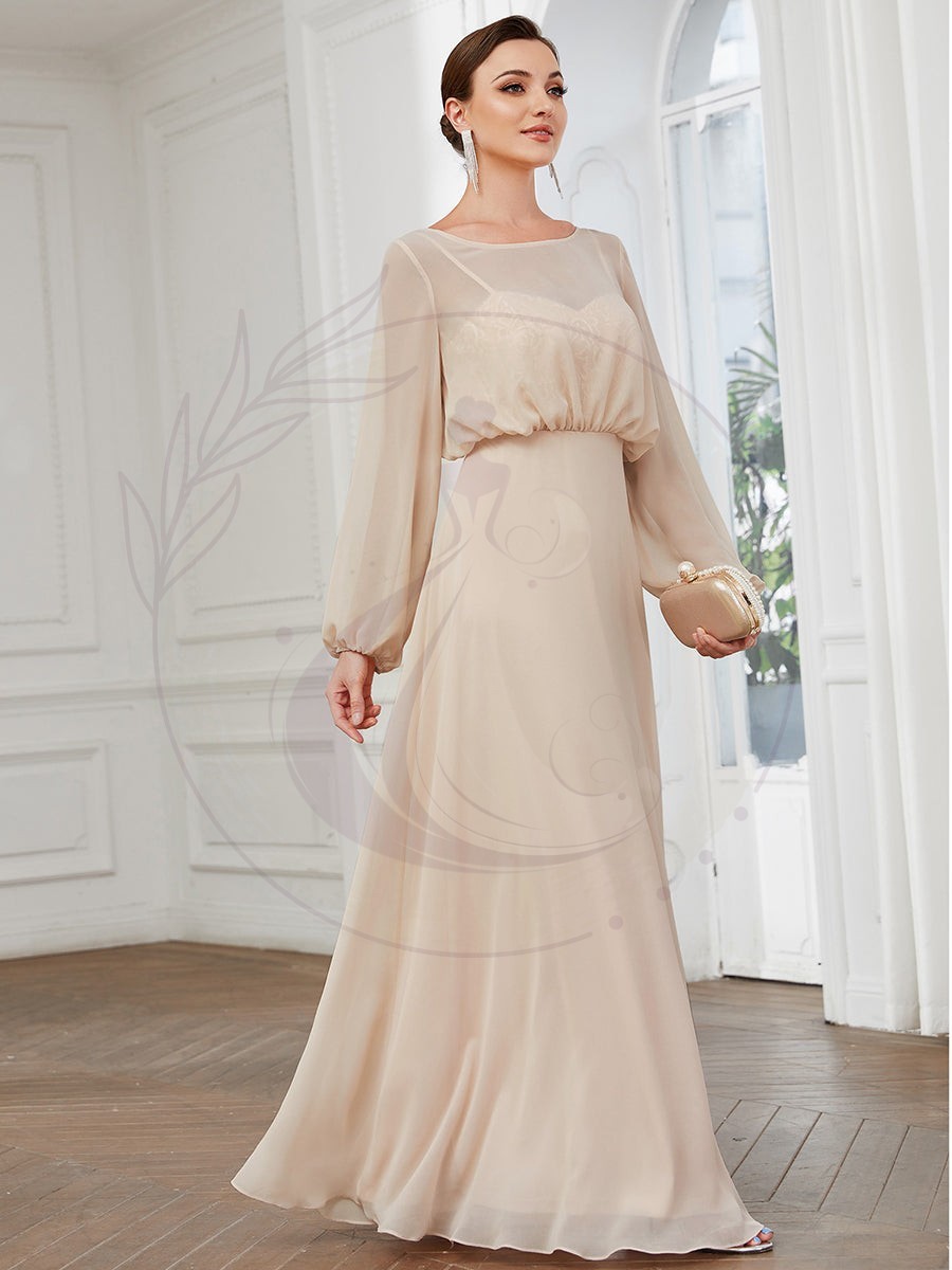 Robe de soirée en mousseline de soie illusion à manches longues