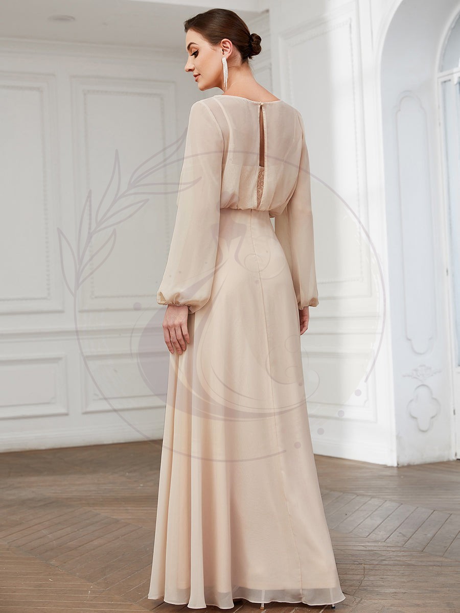 Robe de soirée en mousseline de soie illusion à manches longues – Image 3