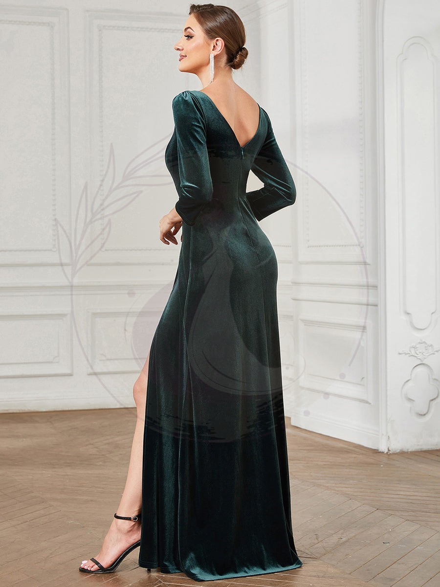 Robe de soirée trapèze en velours Col en V plongeant Fendue – Image 6