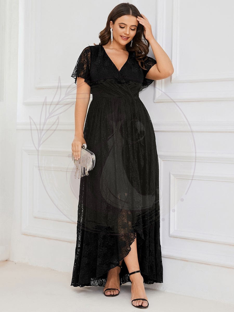 Robe de soirée en dentelle plissée à manches courtes et col en V Grande taille – Image 8
