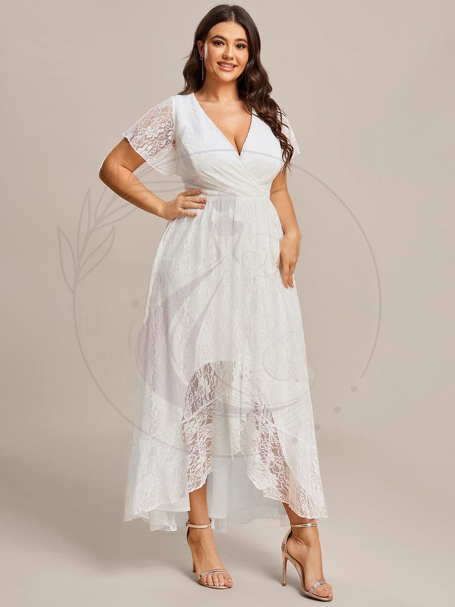 Robe de soirée en dentelle plissée à manches courtes et col en V Grande taille – Image 7
