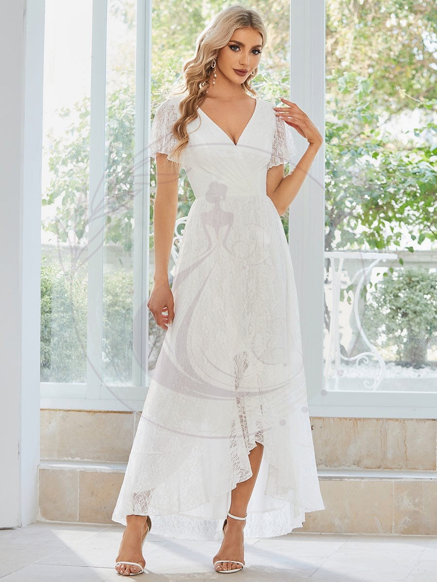Robe de soirée en dentelle plissée à manches courtes et col en V – Image 6