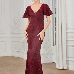 Robe de soirée Sequins moulante Manches courtes Encolure en V