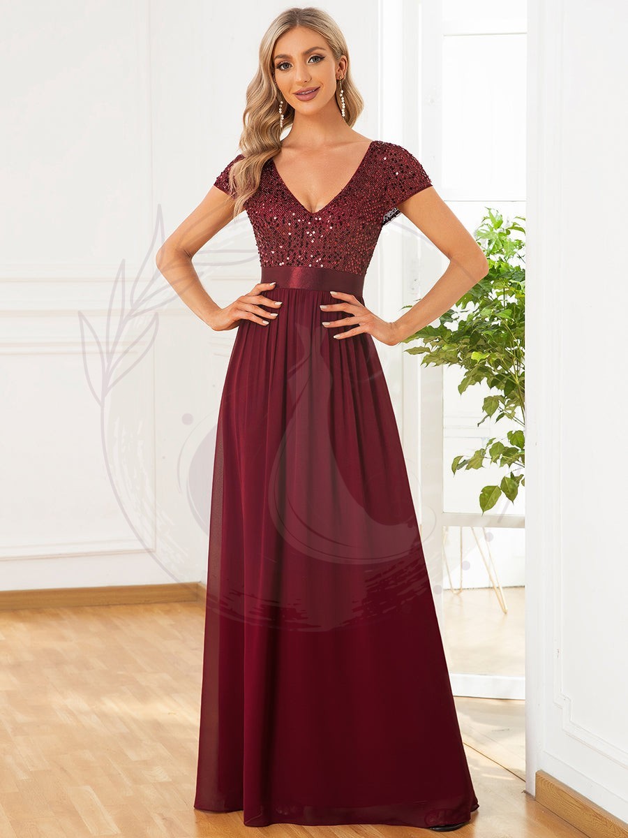 Robe de soirée taille empire à sequins et mousseline à encolure en V – Image 8