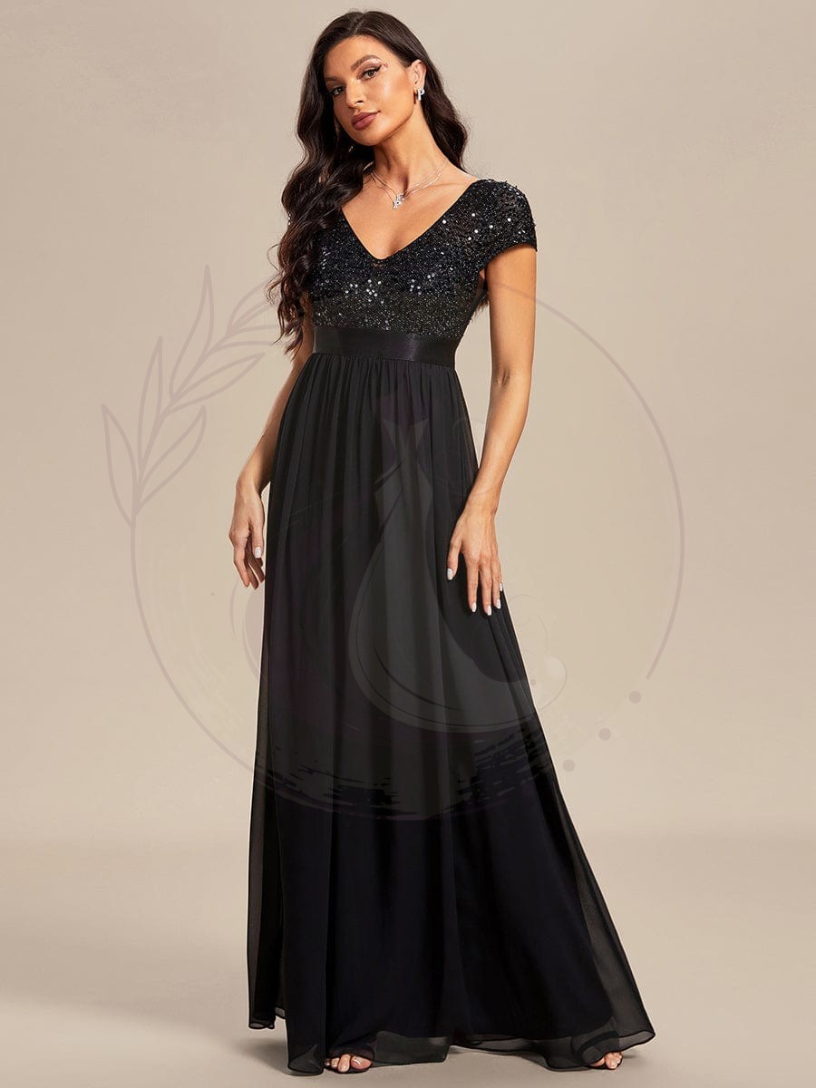 Robe de soirée taille empire à sequins et mousseline à encolure en V – Image 6