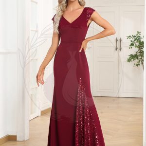 Robe de soirée trapèze à manches courtes et col en V à sequins