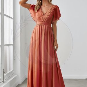 Robe demoiselle d’honneur en mousseline à encolure en V et à manches flottantes