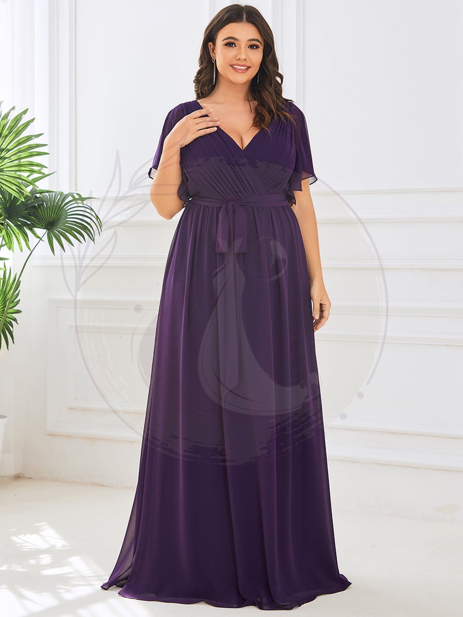 Robe de soirée en mousseline de soie longue de grande taille à encolure en V Maxi – Image 9