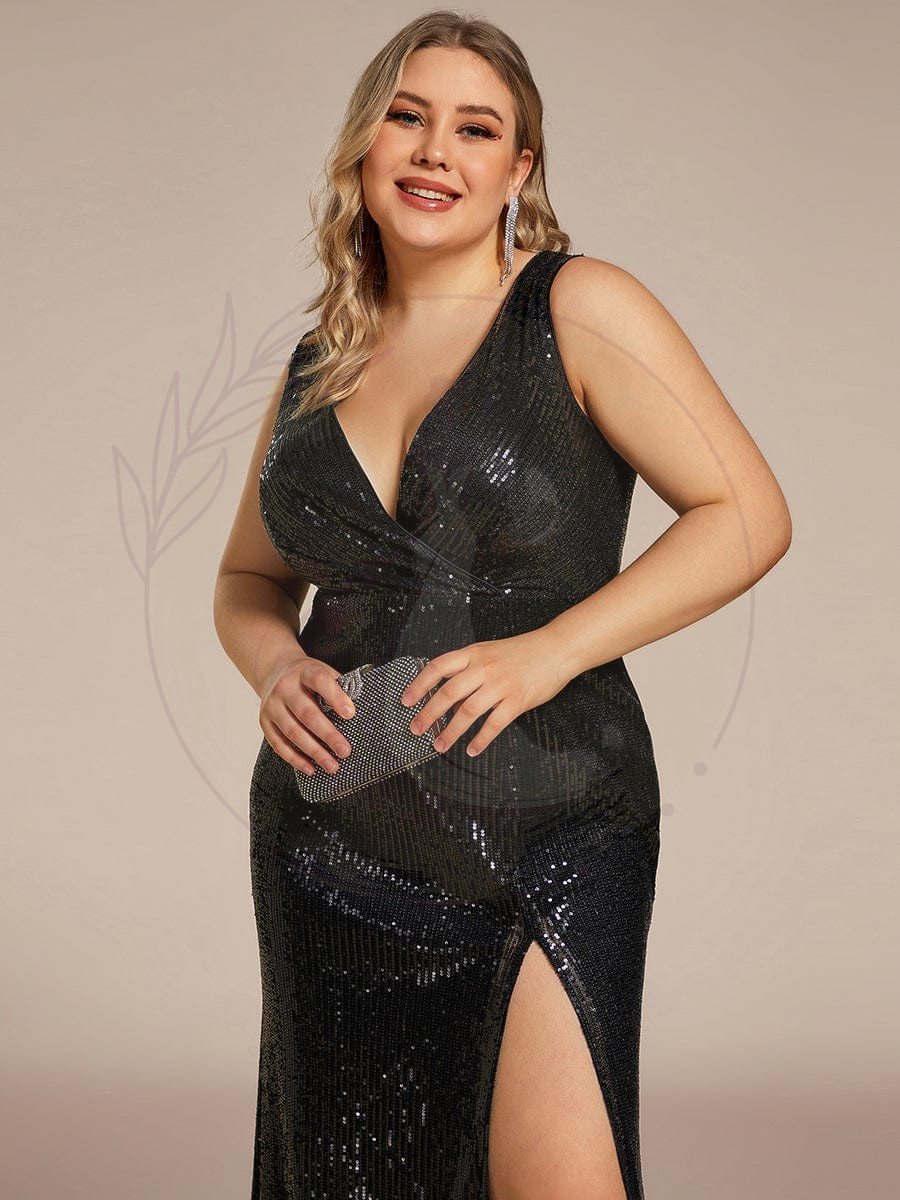 Robe de soirée à col en V profond à sequins scintillante de grande taille – Image 5