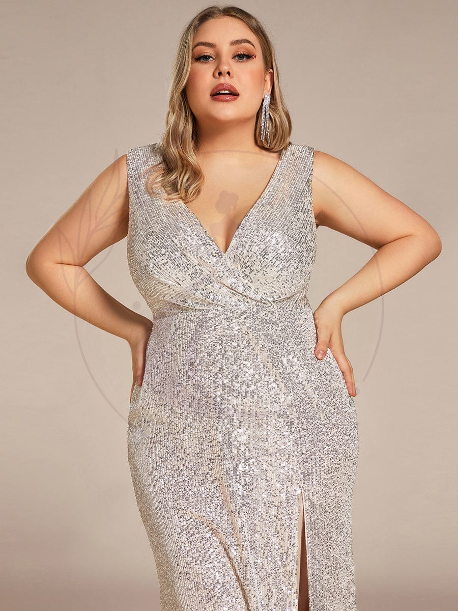Robe de soirée à col en V profond à sequins scintillante de grande taille – Image 9