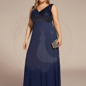 Robe de Soirée Formelle Grande Taille à Paillettes Sans Manches Double Col en V