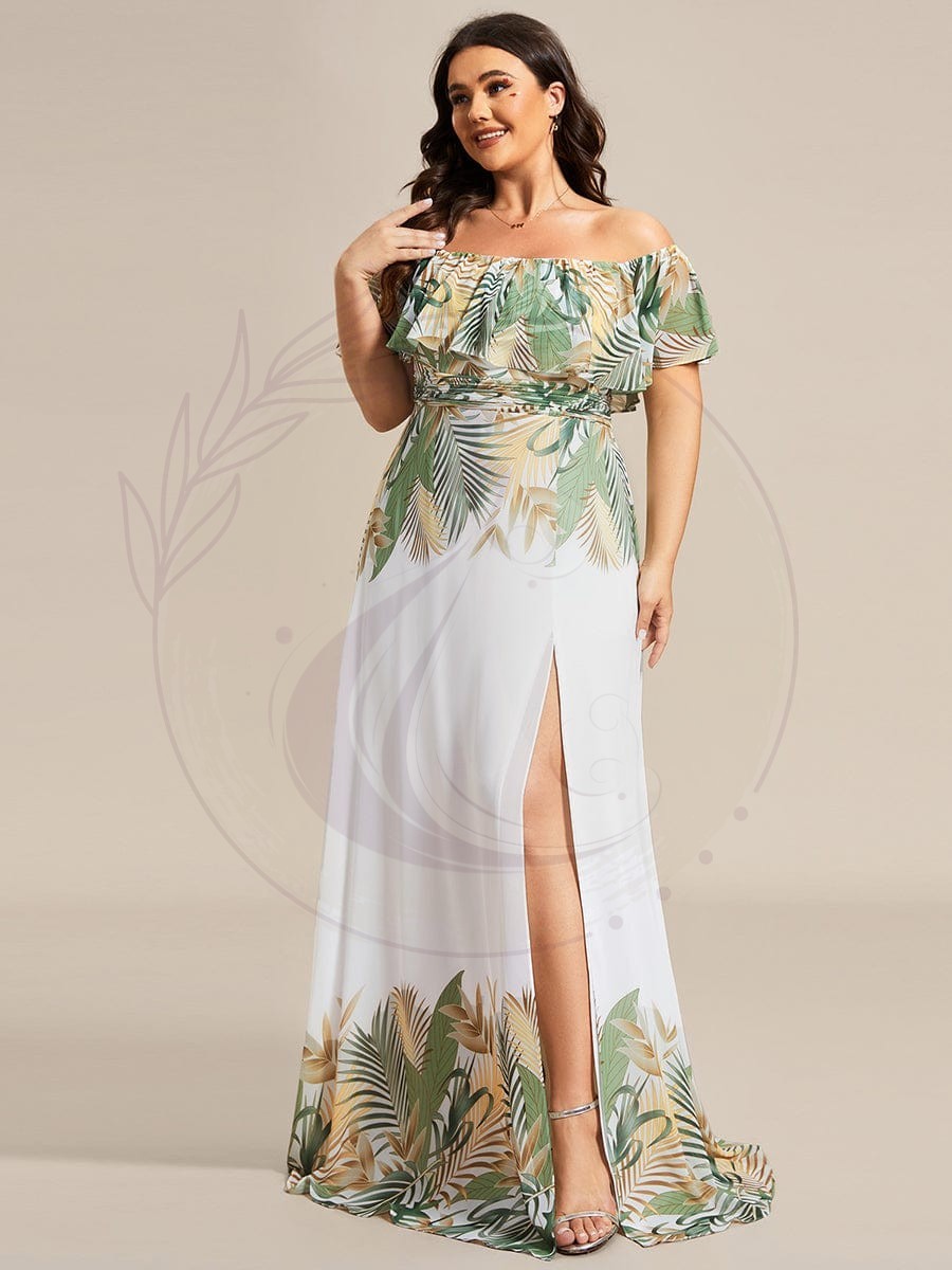 Robe de soirée imprimée taille élastique à épaules dénudées d’été grande taille