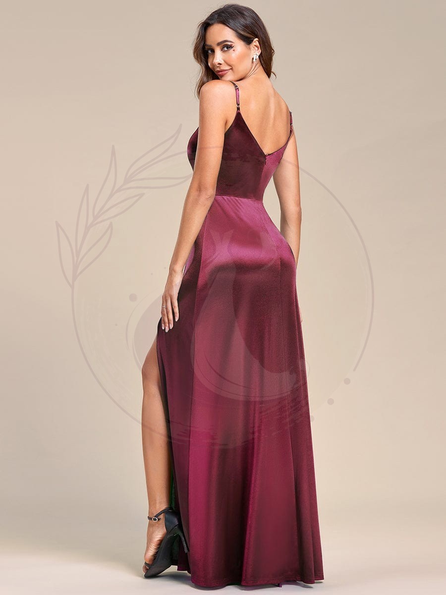 Robe de soirée Bretelles fines col en V sans manches en satin fendue sur le côté – Image 6
