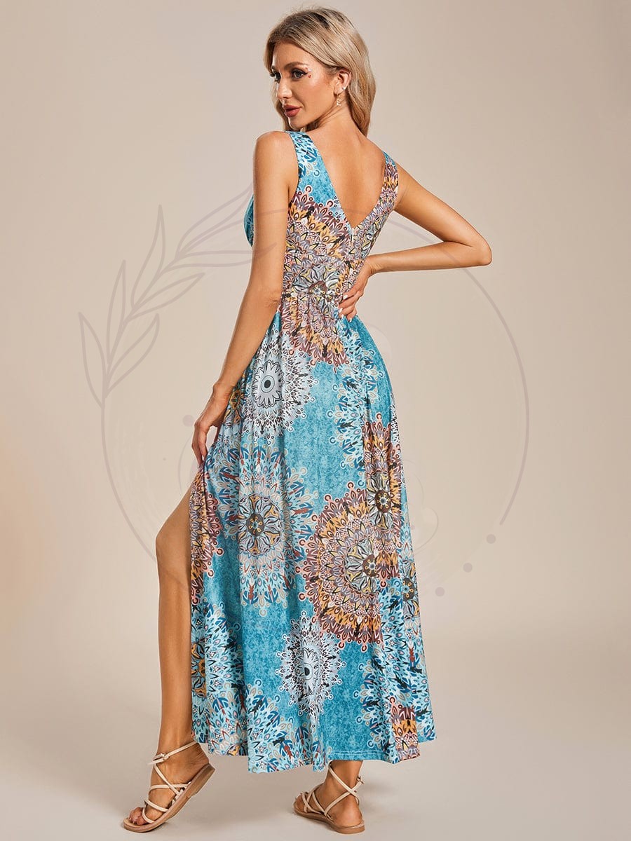 Robe de soirée mi-longue d’été à fleurs sans manches à fente haute – Image 5